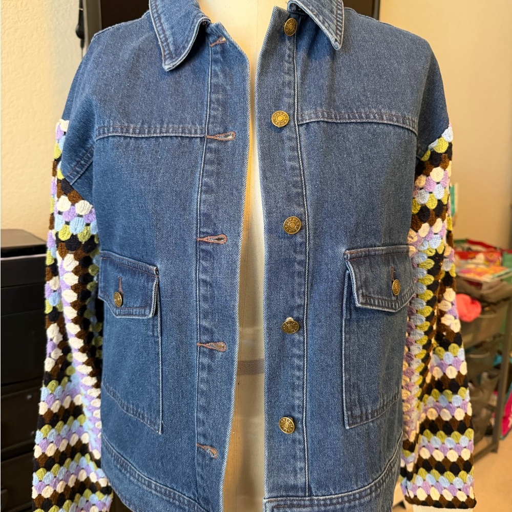 Anthropologie Denim Jacket with crochet Sleeves